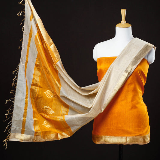 Orange - 2pc Maheshwari Zari Work Handloom Suit Material Set With Tissue Dupatta
