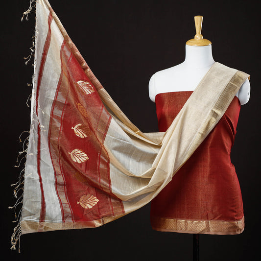 Red - 2pc Maheshwari Zari Work Handloom Suit Material Set With Tissue Dupatta