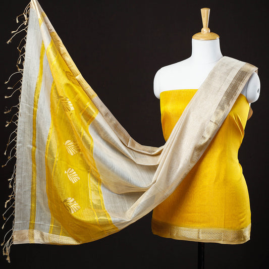 Yellow - 2pc Maheshwari Zari Work Handloom Suit Material Set With Tissue Dupatta