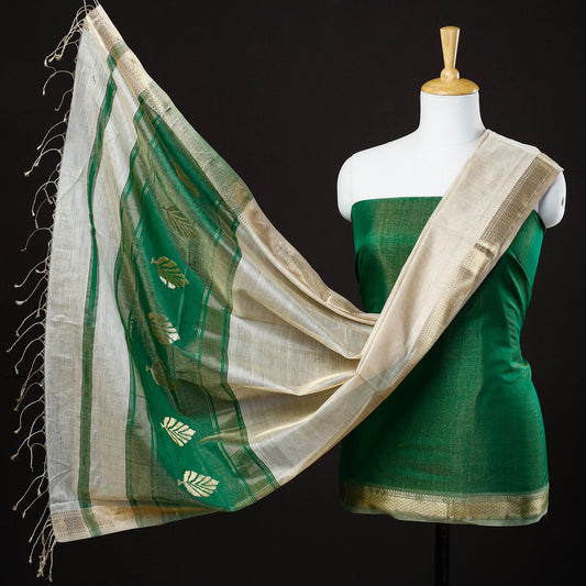 Green - 2pc Maheshwari Zari Work Handloom Suit Material Set With Tissue Dupatta