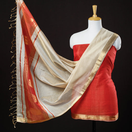 Red - 2pc Maheshwari Zari Work Handloom Suit Material Set With Tissue Dupatta