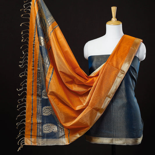 Grey - 2pc Maheshwari Zari Work Handloom Suit Material Set With Tissue Dupatta