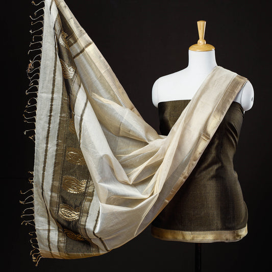 Brown - 2pc Maheshwari Zari Work Handloom Suit Material Set With Tissue Dupatta