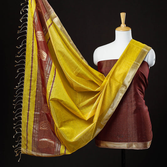 Maroon - 2pc Maheshwari Zari Work Handloom Suit Material Set With Tissue Dupatta