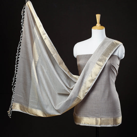 Grey - 2pc Maheshwari Silk Zari Work Handloom Suit Material Set with Tissue Stripes Dupatta