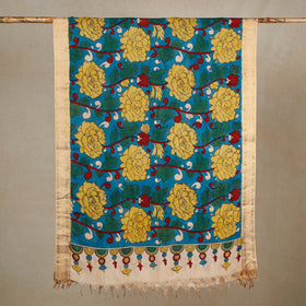 Buy Srikalahasti Pen Work Kalamkari Silk Cotton Handpainted Zari Border Dupatta Online at iTokri.com