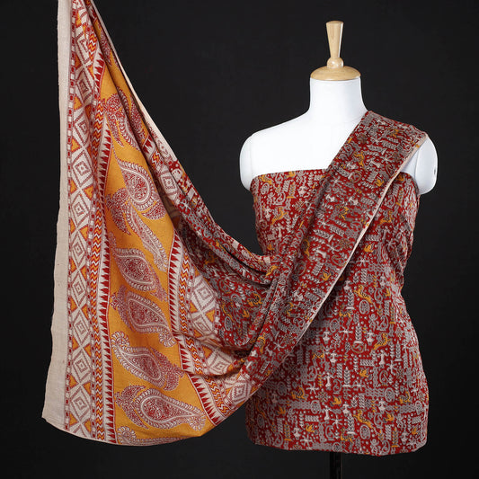 Red - 2pc Kalamkari Printed Cotton Suit Material Set