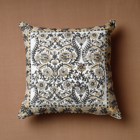 Beige - Sanganeri Block Printed Cotton Cushion Cover (16 x 16 in)