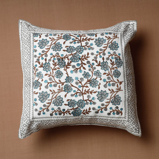 White - Sanganeri Block Printed Cotton Cushion Cover (16 x 16 in)