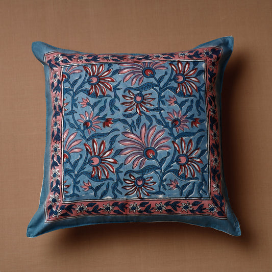 Blue - Sanganeri Block Printed Cotton Cushion Cover (16 x 16 in)