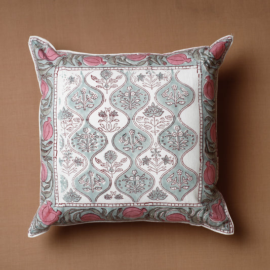 White - Sanganeri Block Printed Cotton Cushion Cover (16 x 16 in)