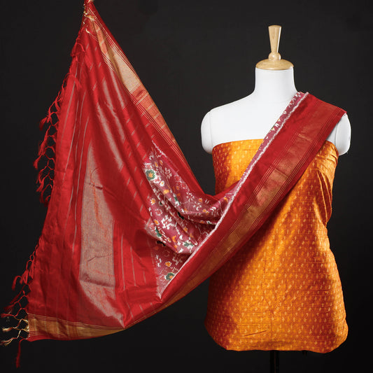 Orange - 2pc Pochampally Ikat Weave Handloom Pure Raw Mulberry Silk Suit Material Set