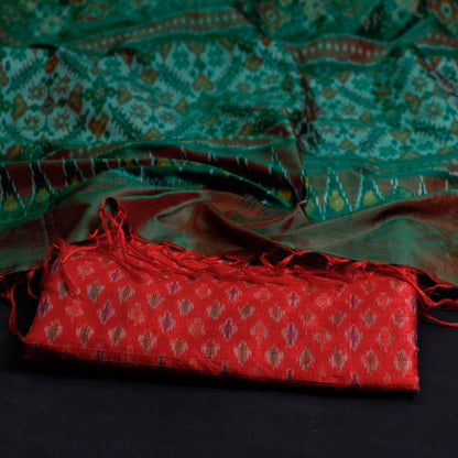 Red - 2pc Pochampally Ikat Weave Handloom Pure Raw Mulberry Silk Suit Material Set