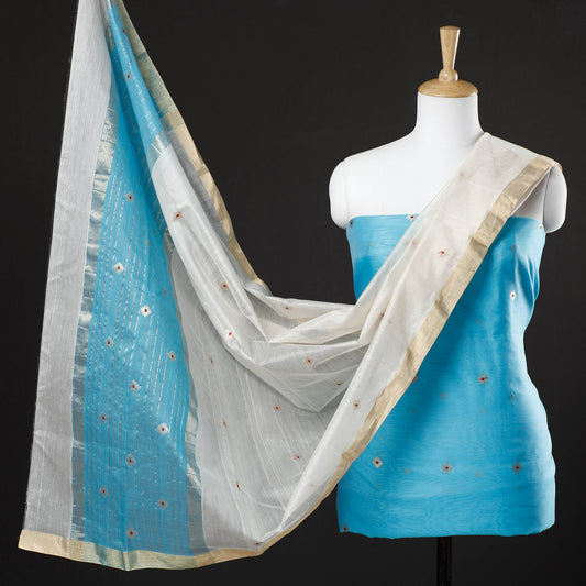 Blue - 3pc Chanderi Silk Cotton Handloom Flower Zari Buta Suit Material Set