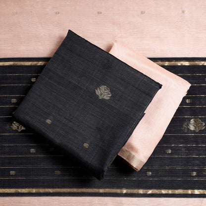 Black - 3pc Chanderi Silk Cotton Handloom Flower Zari Buta Suit Material Set