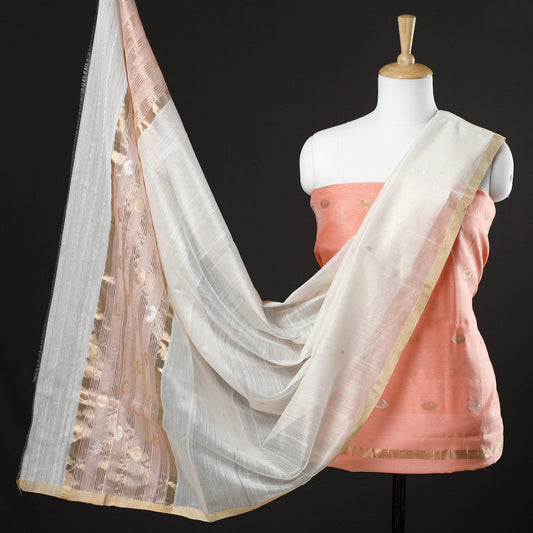 Peach -2pc Chanderi Silk Cotton Handloom Flower Zari Buta Suit Material Set