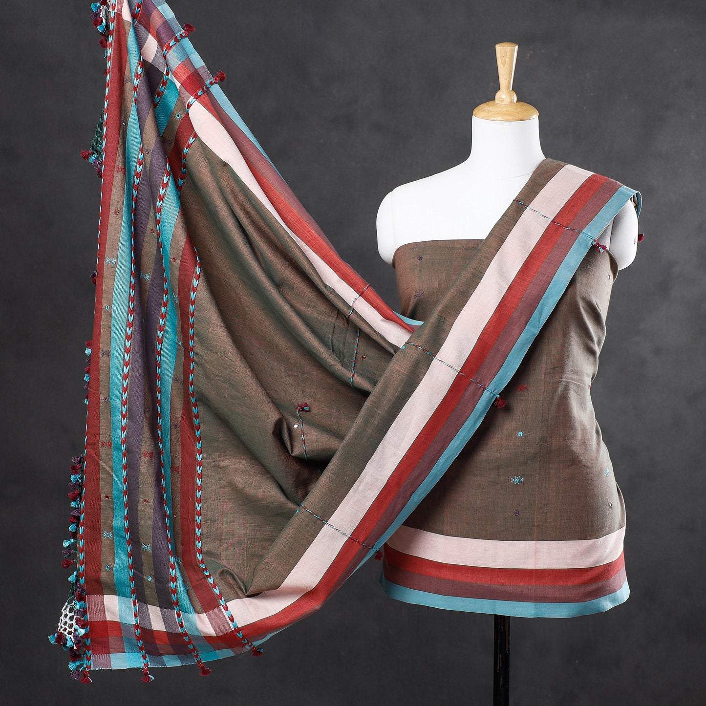 Brown - 3pc Kutch Bhujodi Weaving Mirror Work Handloom Organic Kala Cotton Suit Material Set