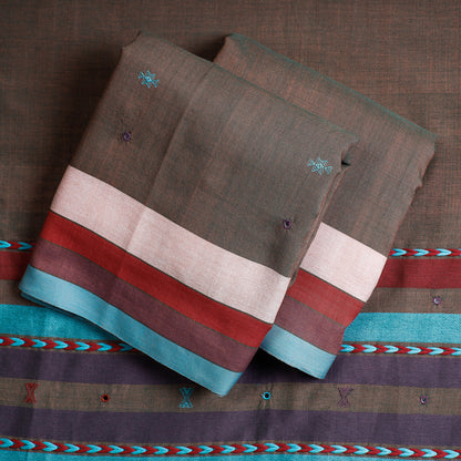 Brown - 3pc Kutch Bhujodi Weaving Mirror Work Handloom Organic Kala Cotton Suit Material Set