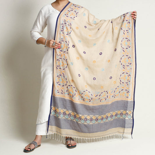 Beige - Bengal Kantha Embroidery Cotton Handloom Dupatta