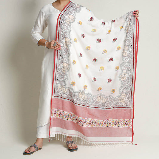 White - Bengal Kantha Embroidery Cotton Handloom Dupatta