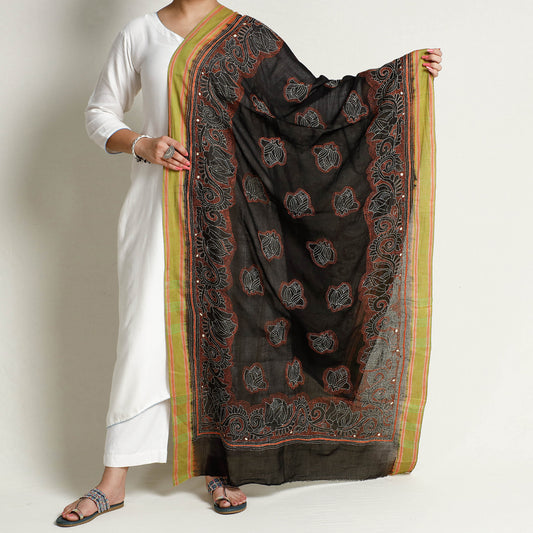 Black - Bengal Kantha Embroidery Cotton Handloom Dupatta