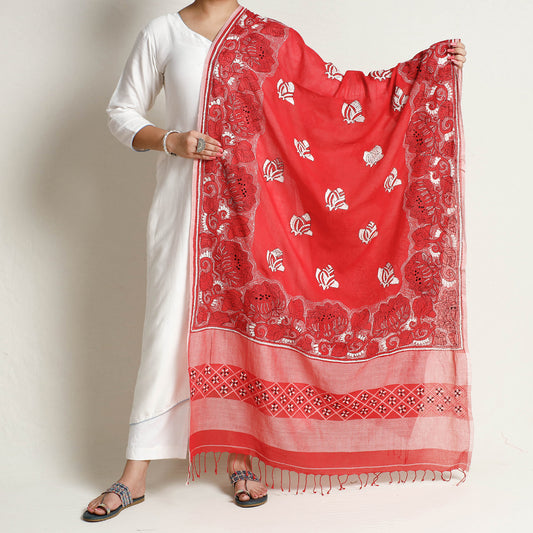 Red - Bengal Kantha Embroidery Cotton Handloom Dupatta