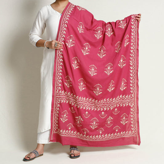 Pink - Bengal Kantha Embroidery Cotton Handloom Dupatta