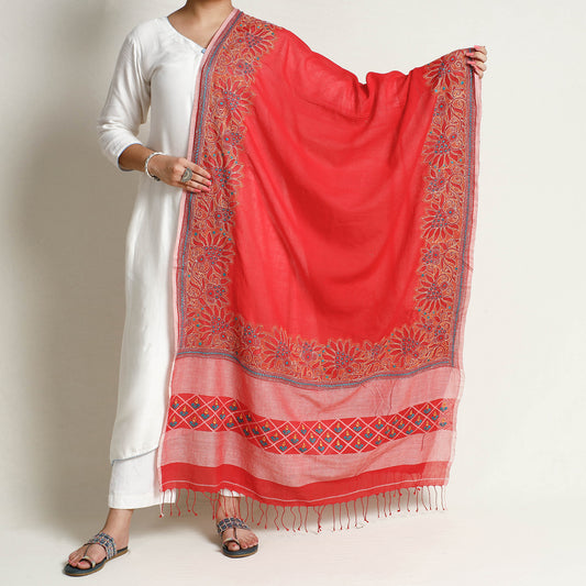 Red - Bengal Kantha Embroidery Cotton Handloom Dupatta