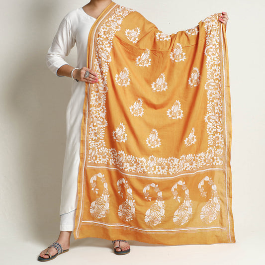 Orange - Bengal Kantha Embroidery Cotton Handloom Dupatta