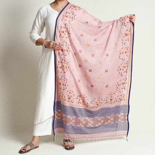 Pink - Bengal Kantha Embroidery Cotton Handloom Dupatta