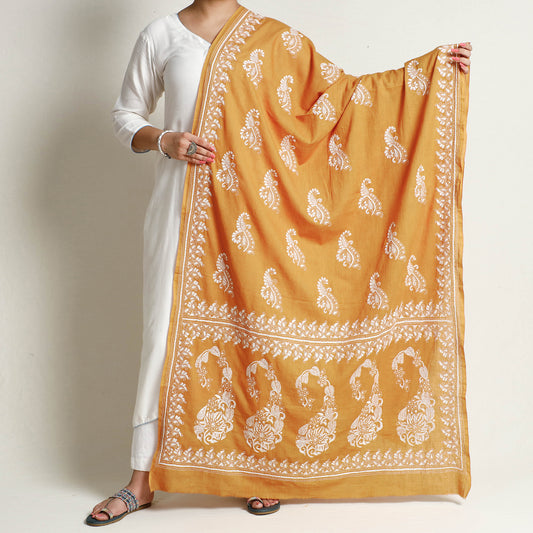 Orange - Bengal Kantha Embroidery Cotton Handloom Dupatta