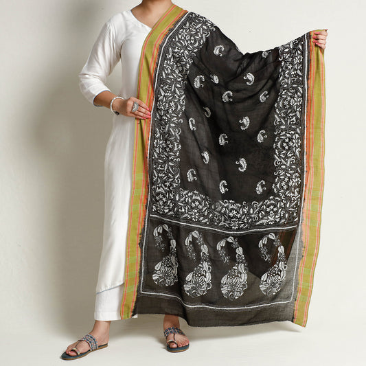 Black - Bengal Kantha Embroidery Cotton Handloom Dupatta