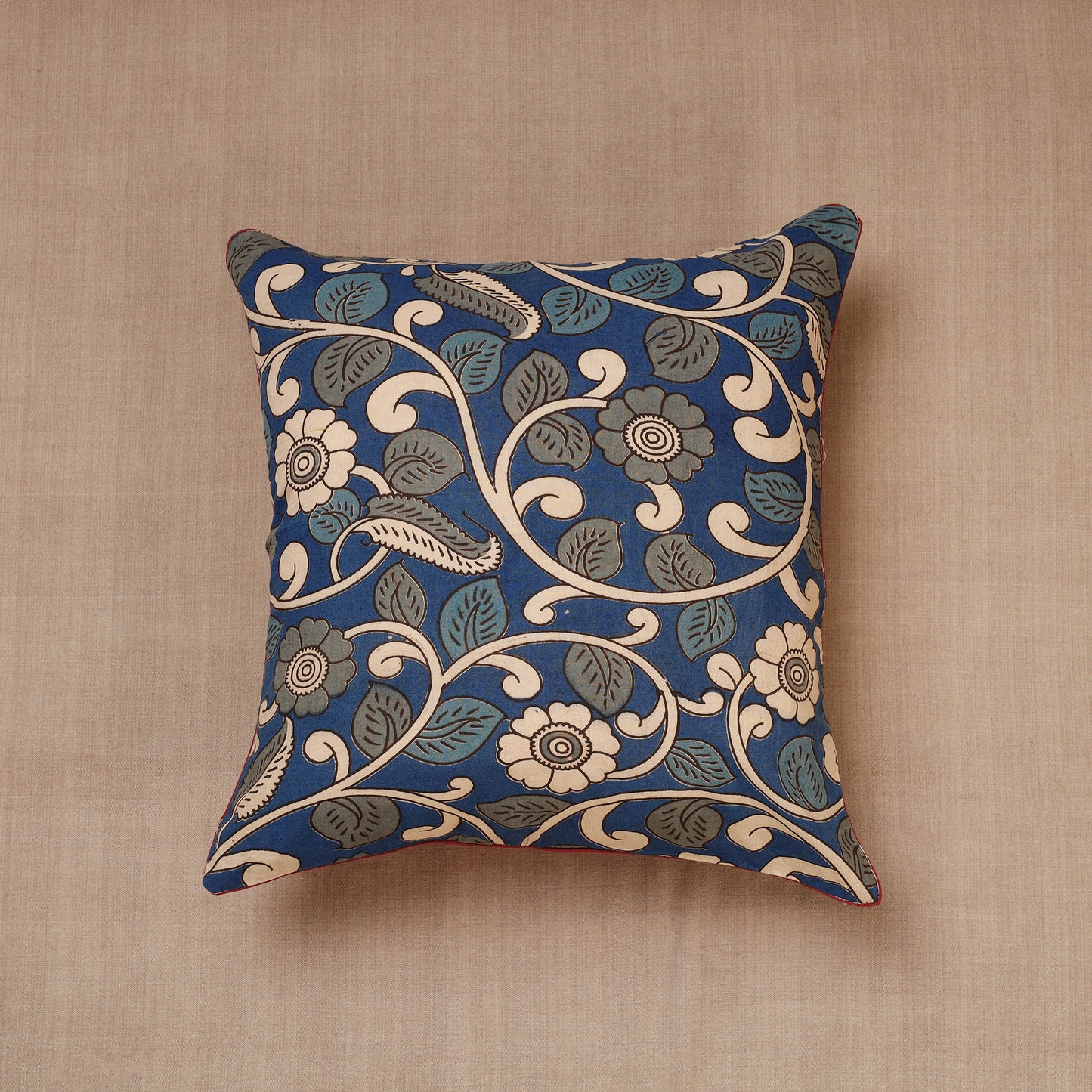 Blue - Kalamkari Block Printed Cotton Cushion Cover (16 x 16 in)
