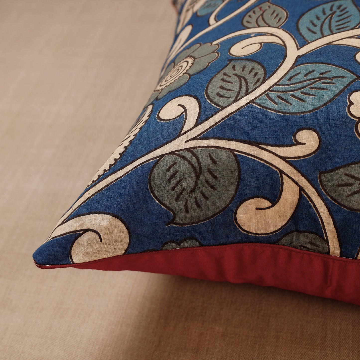 Blue - Kalamkari Block Printed Cotton Cushion Cover (16 x 16 in)