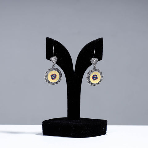  Antique Silver Finish Oxidised Brass Base Enamel & Stone Work Earrings 