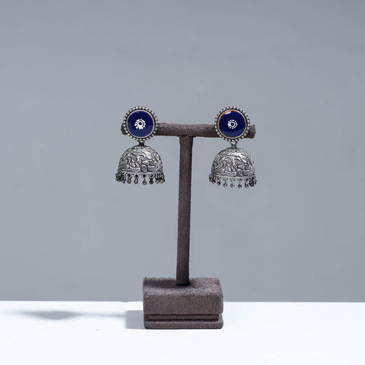 Antique Silver Finish Oxidised Brass Base Enamel Work Jhumki Earrings