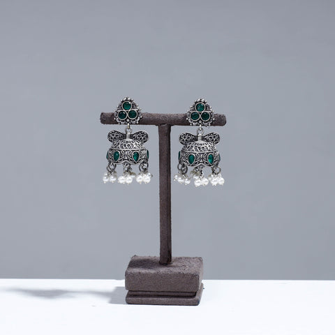  Antique Silver Finish Oxidised Brass Base Stone Work Jhumki Earrings 