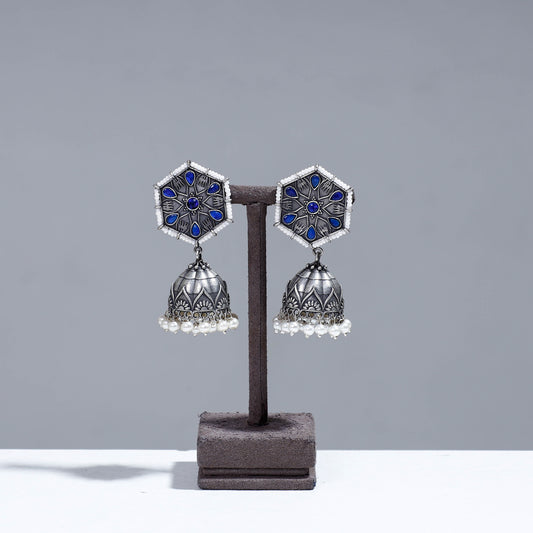 Antique Silver Finish Oxidised Brass Base Stone & Beadwork Jhumka Earrings