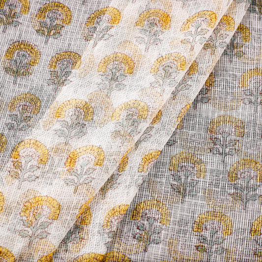 Multicolor - Yellow Flower Booti Design Sanganeri Block Printed Kota Doria Cotton Fabric