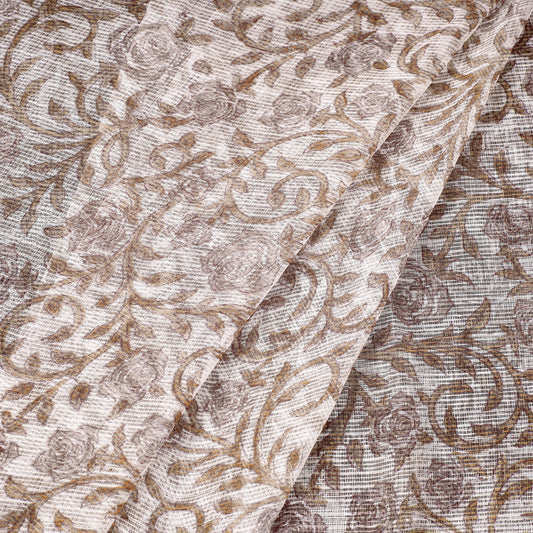 Brown Florals Sanganeri Block Printed Kota Doria Cotton Fabric