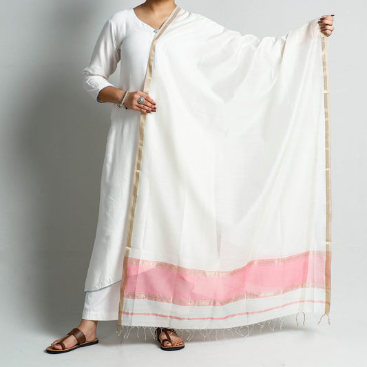 White - Traditional Maheshwari Silk Cotton Handloom Zari Border Dupatta