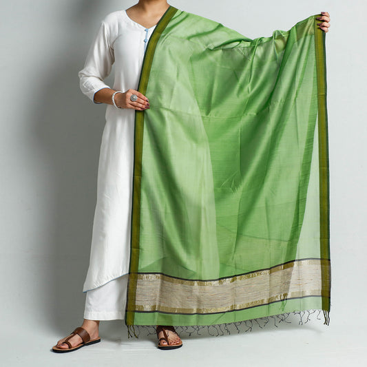 Green - Traditional Maheshwari Silk Cotton Handloom Zari Border Dupatta