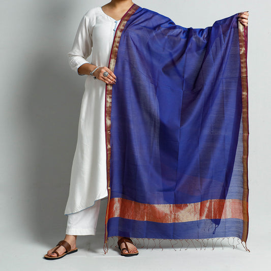Blue - Traditional Maheshwari Silk Cotton Handloom Zari Border Dupatta