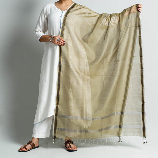 Brown - Traditional Maheshwari Silk Cotton Handloom Zari Border Dupatta