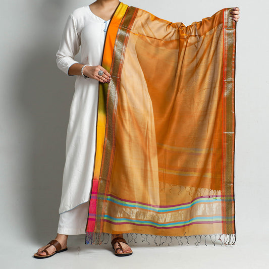 Orange - Traditional Maheshwari Silk Cotton Handloom Zari Border Dupatta
