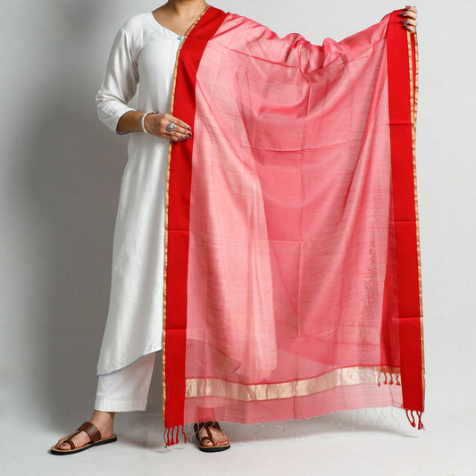 Pink - Traditional Maheshwari Silk Cotton Handloom Zari Border Dupatta
