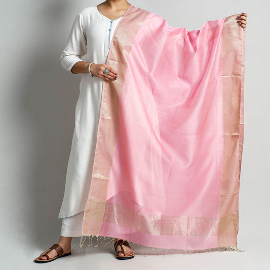 Pink - Traditional Maheshwari Silk Cotton Handloom Zari Border Dupatta
