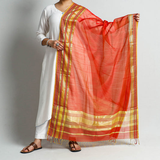 Red - Traditional Maheshwari Silk Cotton Handloom Zari Border Dupatta