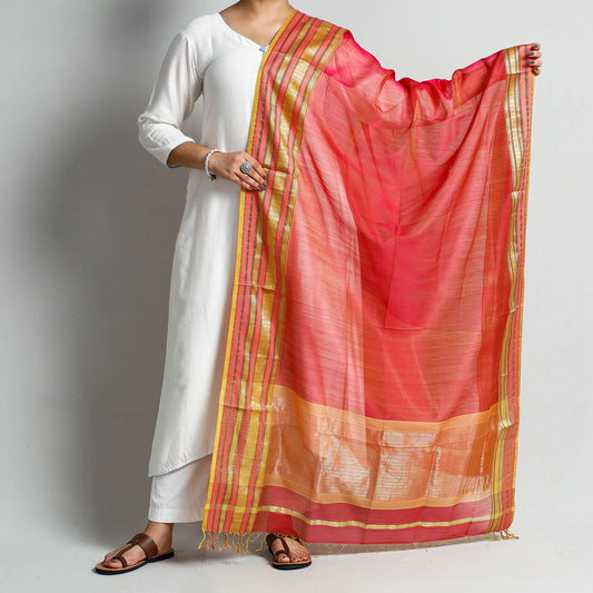 Red - Traditional Maheshwari Silk Cotton Handloom Zari Border Dupatta