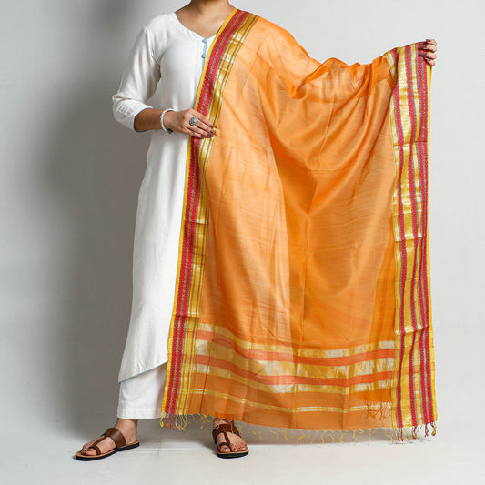 Orange - Traditional Maheshwari Silk Cotton Handloom Zari Border Dupatta